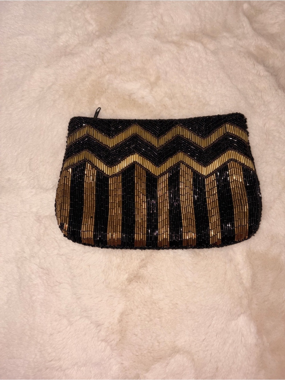 Black Gold Beaded Chevron Evening Clutch Bag Art Deco Style
